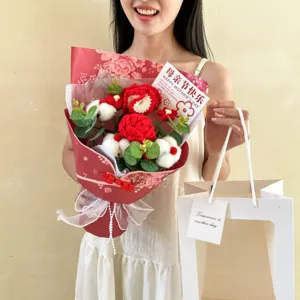 Handmade crochet carnation flower bouquet for Mother's Day gift with wrapping paper.
