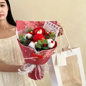 Mother's Day crochet flower bouquet with Chinese qipao style wrapping and gift bag.