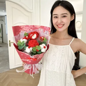 Handmade knitted flower bouquet red rose carnation for Mother's Day gift home decor.