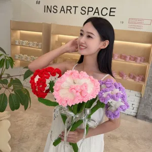 Handmade Knitted Carnation Finished Crochet Flower Bouquet Yarn Artificial Flower For Mother Teacher Day Home Gift