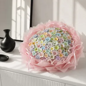Handmade ceramic flower bouquet in dopamine colors, elegant gift for Valentine's and birthdays.