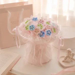 Detailed view of the Jingdezhen ceramic flower bouquet, dopamine pastel flowers for home decor.