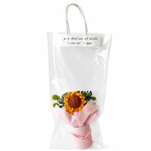 Handmade crochet sunflower bouquet gift in transparent bag with greeting card for teachers.