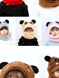Cute plush panda kids winter hat detail, thick fleece-lined warm earflap cap and scarf set.