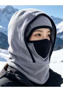 Close-up detail of a grey fleece winter balaclava hood mask for skiing and outdoor sports