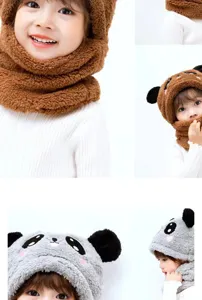 Close-up details of cute kids winter fleece warm panda bear hat and bib integrated design.