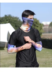 Outdoor UV protection ice silk sleeves and face mask detail view in natural green setting.