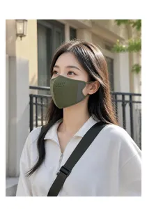 Gros plan détaillé d'un masque facial respirant en Dralon vert olive sur mannequin