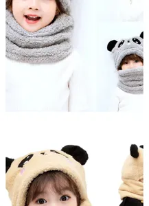 Detail view of cute panda kids fleece hat and scarf set, warm winter pullover design for toddlers.