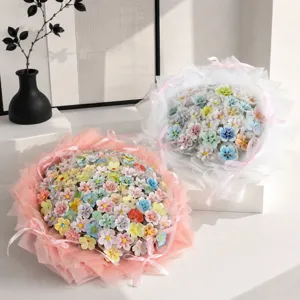 Handmade ceramic flower bouquet detail, colorful dopamine style, elegant gift packaging.