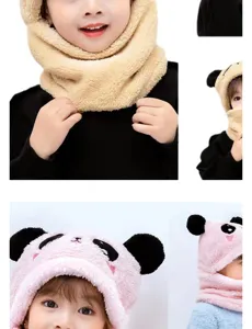 Kids fleece warm hooded scarf detail close up view, cute panda ears winter windproof gear