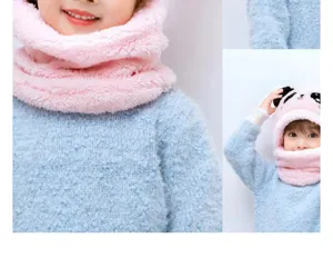 Cute panda kids winter warm plush hat scarf set thick fleece lined windproof baby cap