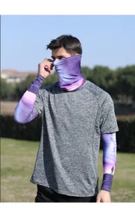 Men's UV protection ice silk arm sleeves and face mask set with galaxy gradient pattern.