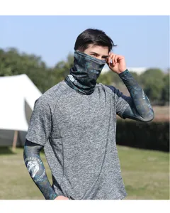 Detailed shot of men's ice silk sun protection sleeves and face mask set with cool camo print.