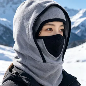 Grey winter fleece balaclava hood with integrated face mask for skiing and outdoor sports.