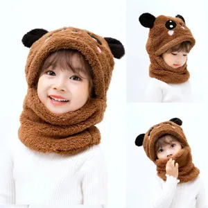 Cute brown plush children hat with integrated scarf, windproof winter warm baby hood.