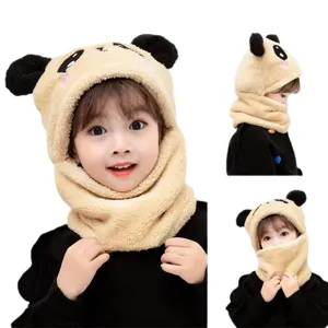 Cute panda kids winter warm plush hat scarf one-piece cute baby windproof thick cap