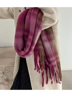 Detailed macro view of the fluffy mohair texture and thick tassels on a plaid scarf