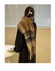 Rear view of a premium thickened plaid mohair scarf with tassel fringe for winter