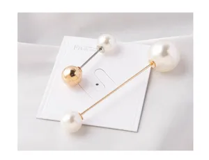 Elegant white pearl and gold bead safety brooches for shirt collar closure on display card
