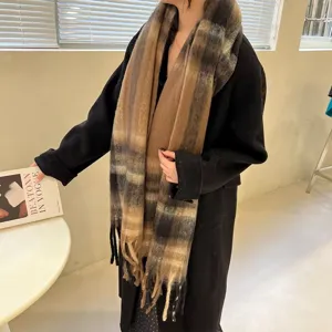 Winter Plaid Striped Scarf For Women Men Thick Mohair Feel Scarf With Chunky Tassels Warm Long Knit Scarf Soft Wraps Shawl
