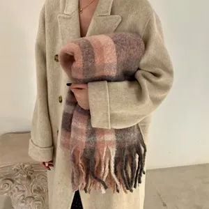 Thickened mohair-like plaid scarf with long fringes for winter warmth