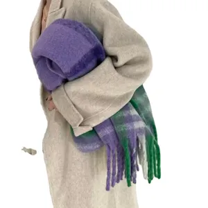 Stylish thickened colorful plaid mohair scarf with long tassels for winter warmth