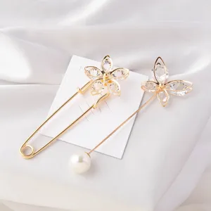 Elegant gold floral safety pin and butterfly pearl brooch set for elegant blouses