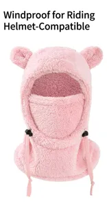 Pink cute bear ear fleece balaclava winter warm windproof cycling hat with adjustable drawstring.