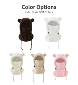 Kids winter warm bear ear balaclava hat windproof fleece hood integrated scarf cute outdoor wear.