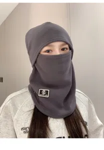 Detailed view of the grey winter fleece balaclava hood with integrated neck warmer
