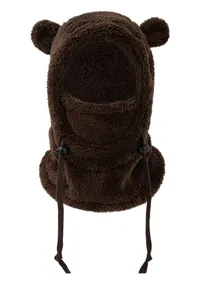Cute brown bear ear winter balaclava detail, warm fleece windproof face mask hood.