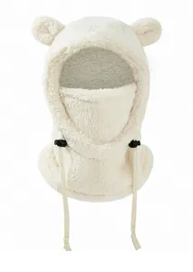 Cute plush bear ear detail on cozy winter balaclava hood, soft warm fleece fabric texture.