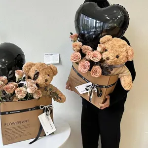 Bouquet de Fleurs de Savon Rose Ours en Peluche Boîte Cadeau Saint Valentin