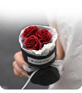 Mini soap rose bouquet gift box for birthday and party decoration, elegant black wrapping.