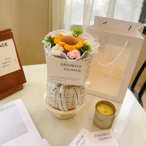 Handmade crochet sunflower bouquet gift with chic tweed wrapping and greeting card.