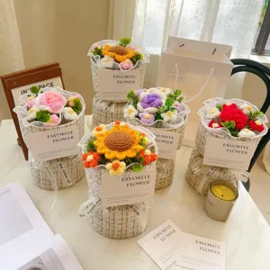 Handmade crochet sunflower bouquet gift with woven bucket packaging, perfect for Valentines.