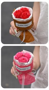 Mini soap rose flower bouquet gift decoration with wrapping ribbon for birthday party.