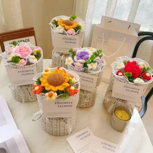 Handmade crochet flower bouquet gift with sunflower and knitted wrap for valentine day.