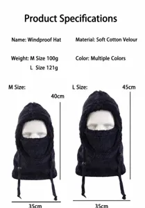 Detail van winddichte fleece bivakmuts met afmetingen en materiaalspecificaties