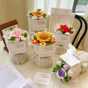 Handmade crochet sunflower bouquet knitted flower gift box tabletop home decor ornament
