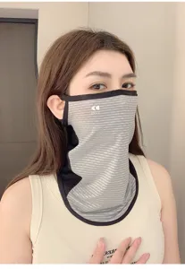 Sun protection face mask with UV-blocking nylon fabric, breathable striped design for outdoor.