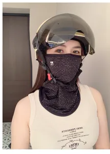 Sun protection face mask detail view, UV-resistant fabric, stylish black striped neck gaiter.