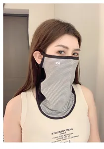 Detailed shot of the anti-UV sun protection face mask with ear loops and neck guard in gray.