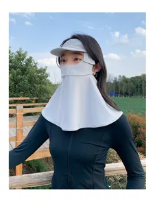 Detailed view of full face sun protection mask with brim and neck flap for summer outdoor driving.