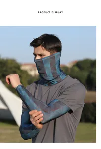 Outdoor UV protection sun sleeves and face mask set, detail view of geometric pattern.