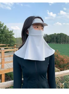 Outdoor sun protection face mask detail shot, breathable nylon material with neck flap and brim.