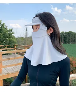 Full-face sun protection mask detail, breathable nylon fabric, uv blocking neck cover.