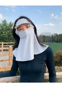 Summer full face sun protection mask with brim and neck flap, breathable nylon UV proof design.