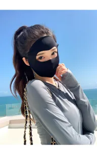 Detailed view of the UV protection face mask, breathable ice silk full face sun shield.